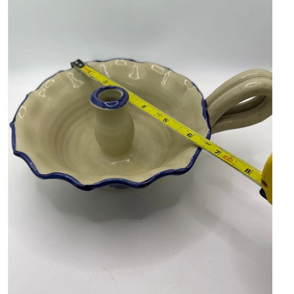 Williamsburg Pottery Salt Glaze Stoneware Chamberstick Candle Holder Blue Floral